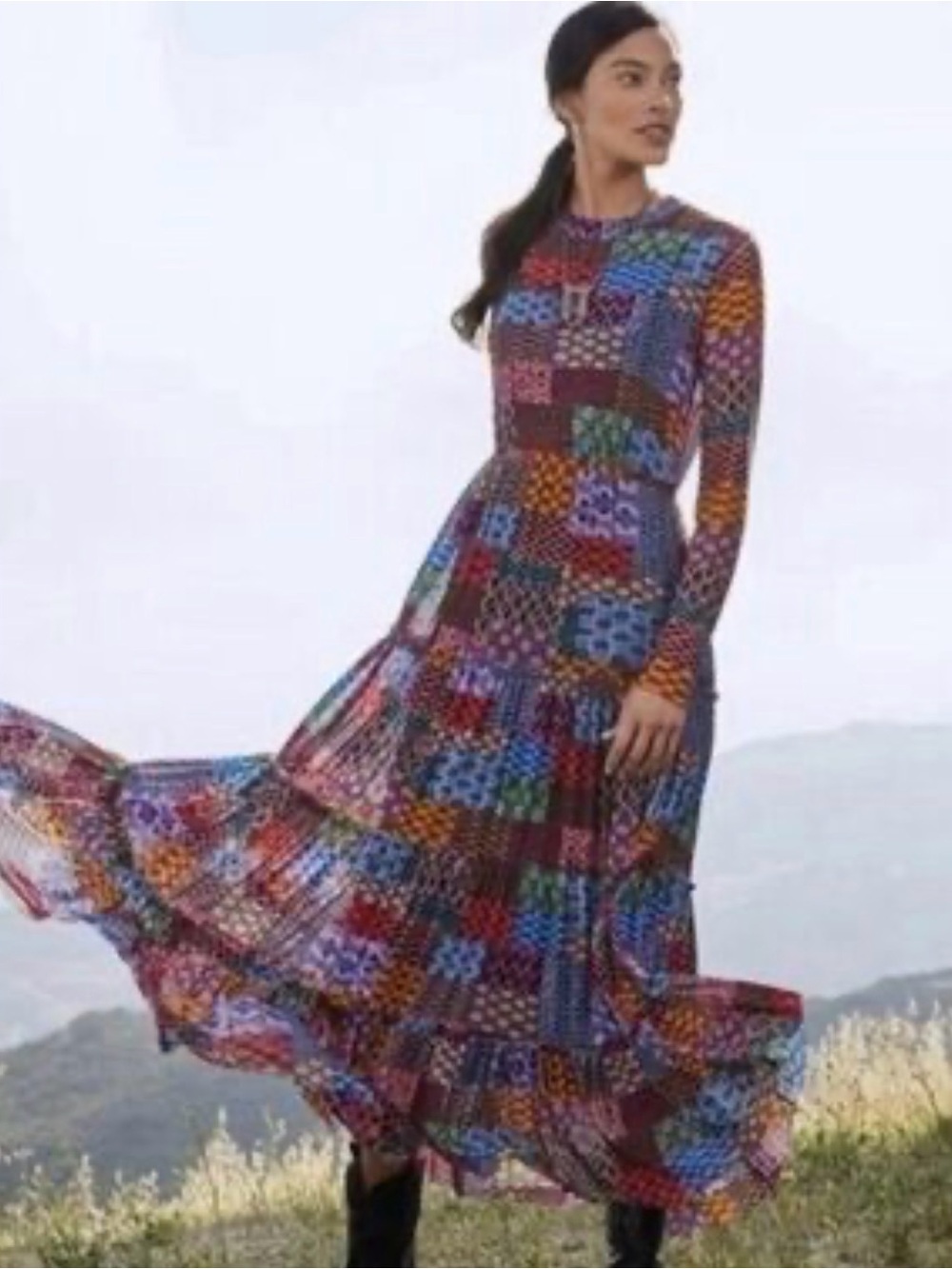 Johnny Was Isadora Waves Mesh MIDI  Dress in Purple, Blue, Red & Green